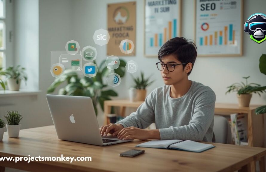 A 15-year-old Indian student learning digital marketing online after 10th, using a laptop and notebook, with social media and SEO icons around, symbolizing digital marketing education.