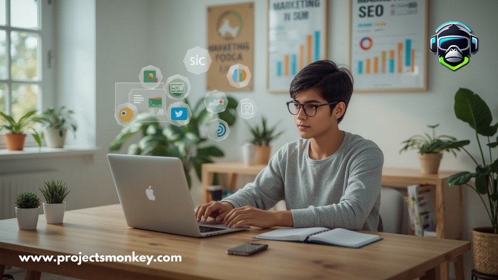 A 15-year-old Indian student learning digital marketing online after 10th, using a laptop and notebook, with social media and SEO icons around, symbolizing digital marketing education.