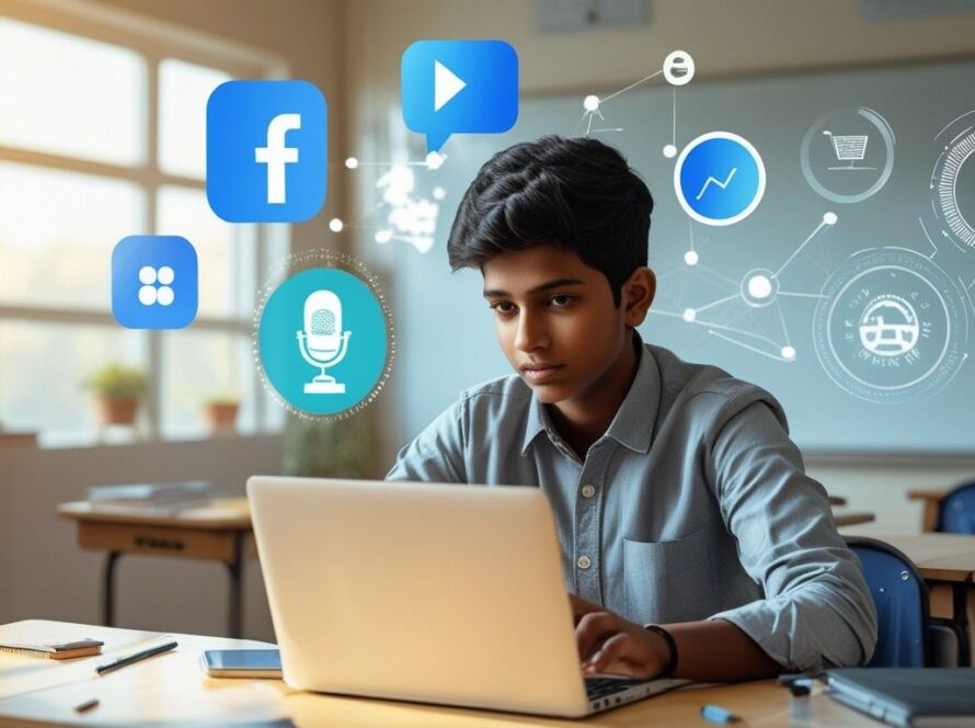 Indian student learning digital marketing course after 12th with laptop and career growth icons in background.